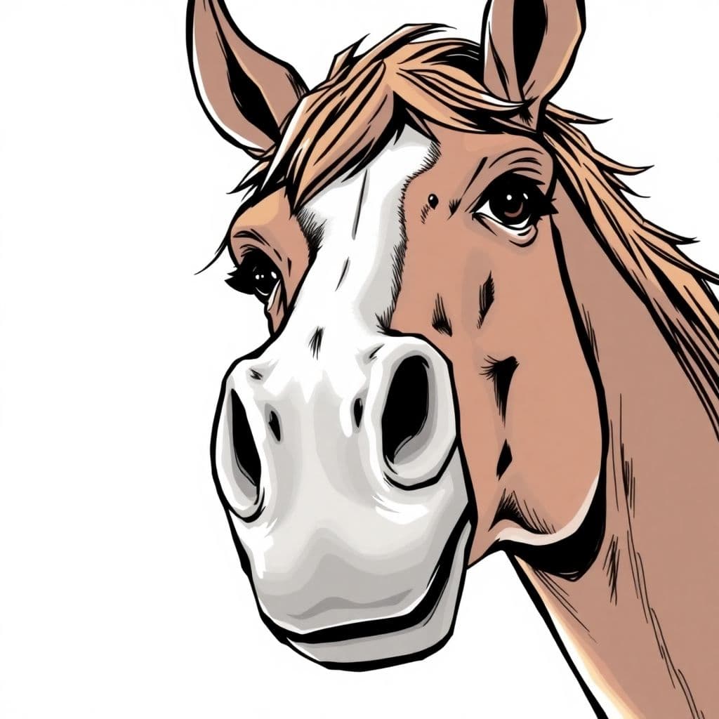 AI generated: A closeup drawing of a comedic horse with enflared nostrils, in the style of comics, quirky expressi...