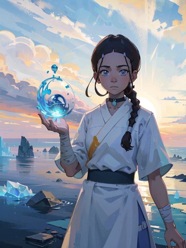 AI generated: masterpiece, best quality, 1girl, katara, toned, dark skin, braid, ((((sarashi)))), bandages,  jewel...
