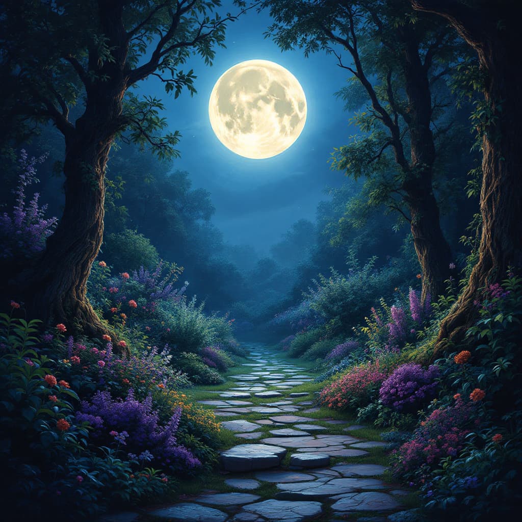 AI generated: enchanted garden bathed in moonlight