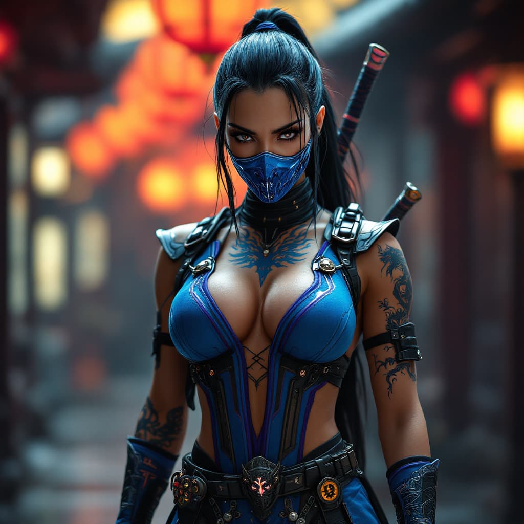 AI generated: Ultra-realistic cyberpunk Kitana, Mortal Kombat character, wearing intricate warrior suit, blue with...