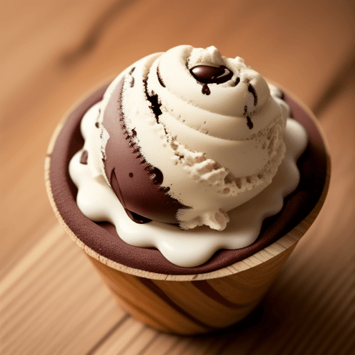 AI generated: a chocolate ice cream have chocolate chip on it,
on a wooden table, 