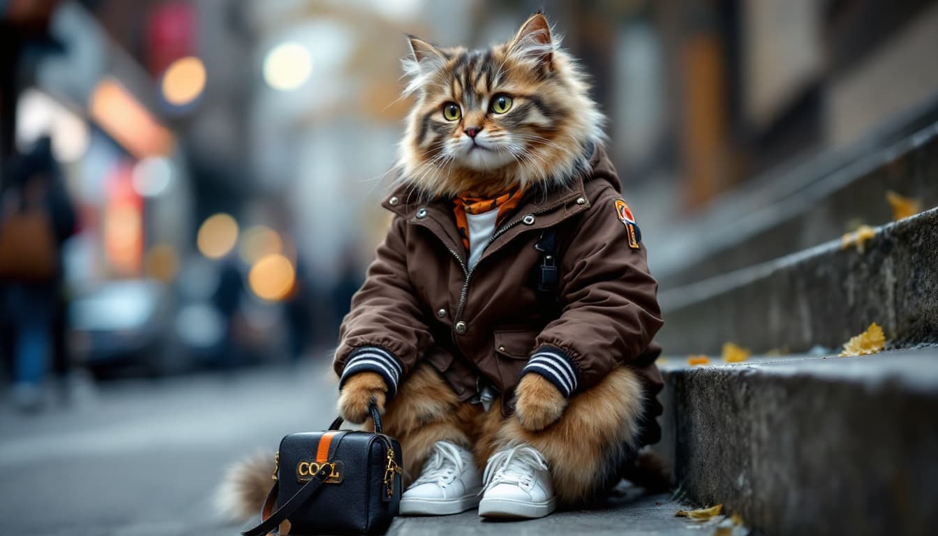 AI generated: anthropomorphic, a cat named ”street style KOL kitty” wearing dark brown flight jacket, and white sn...