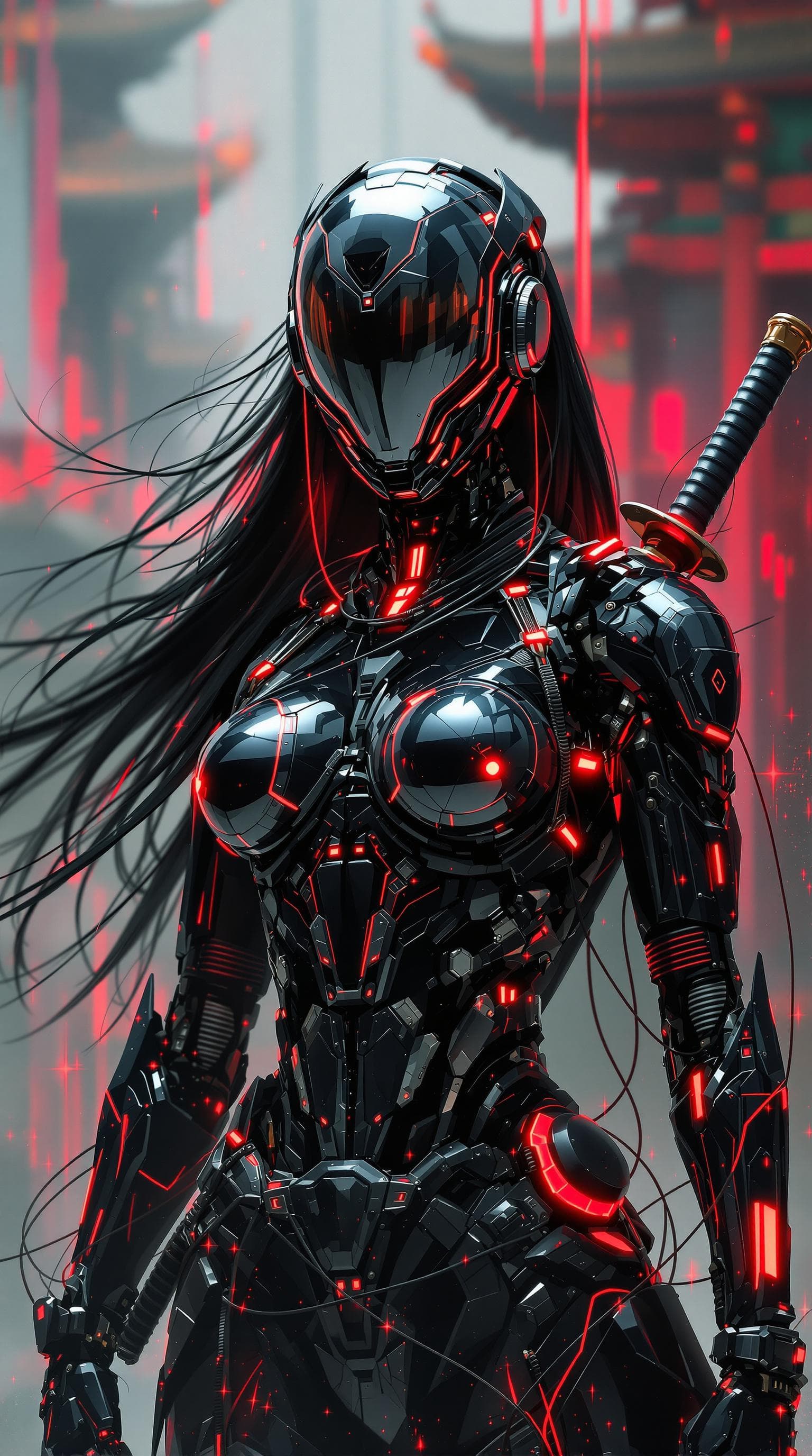 AI generated: in the style of ck-sfc, female cyberpunk robot samurai, robot face with mirrored face shield, hyperd...