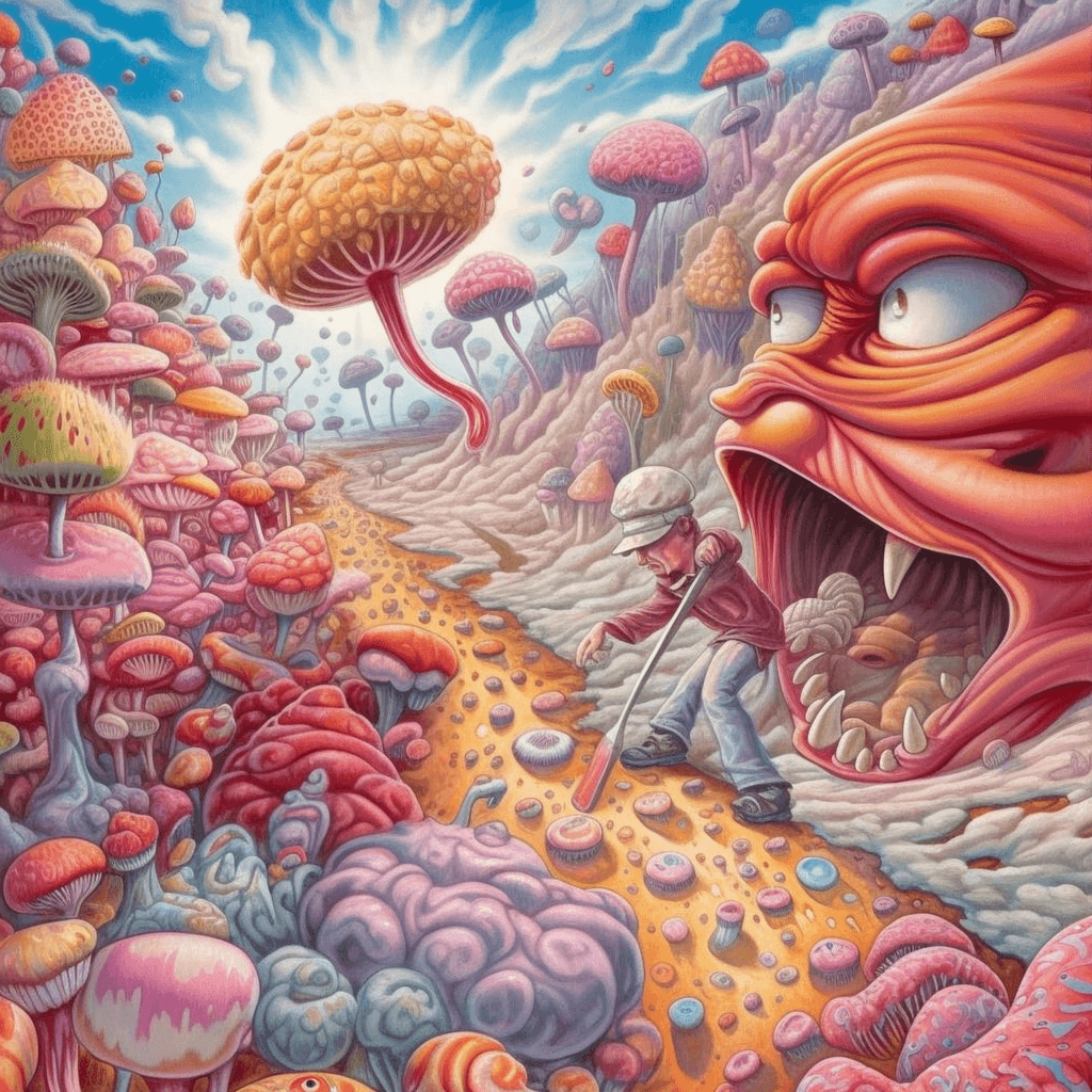 AI generated: a colorful illustration of a man tripping on psychedelics and being violently sucked into a surreali...