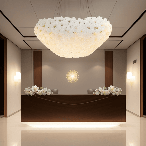 AI generated: reception lounge area, casual, soft, daylight, metallic reception desk, natural flower shape pendant...