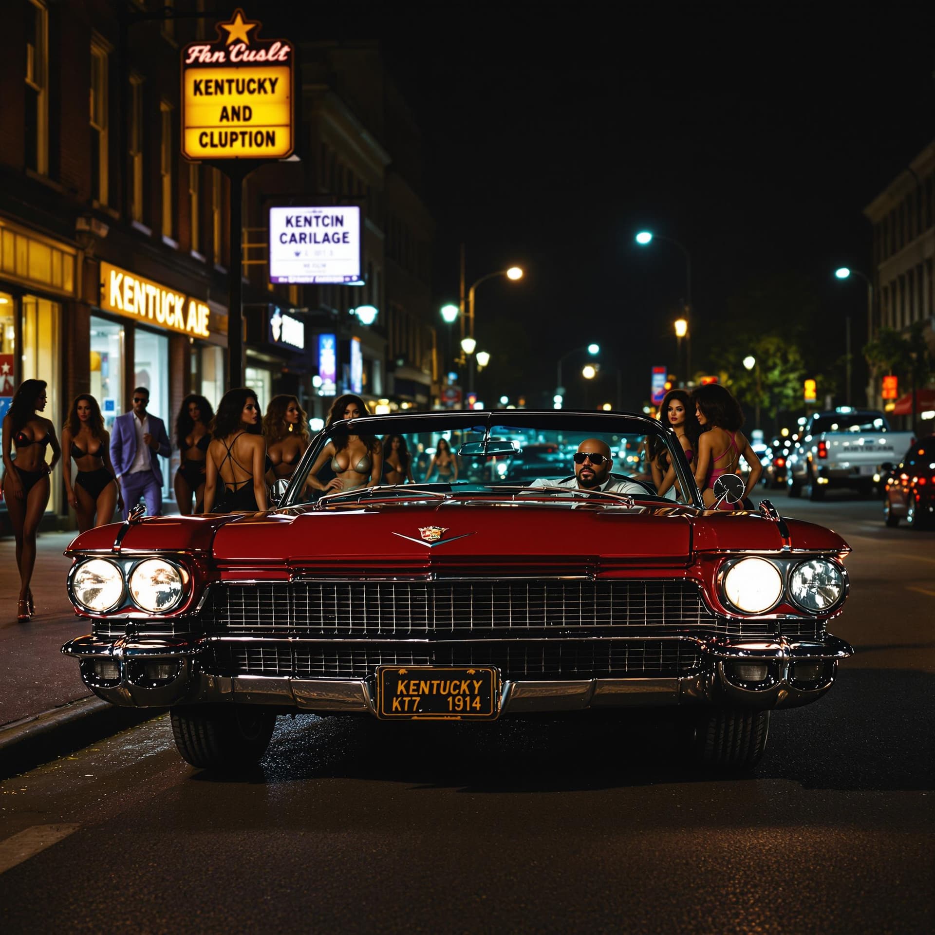 AI generated: A vintage, candy-red Cadillac with a pimp in the drivers seat, parked on a lively Kentucky avenue at...