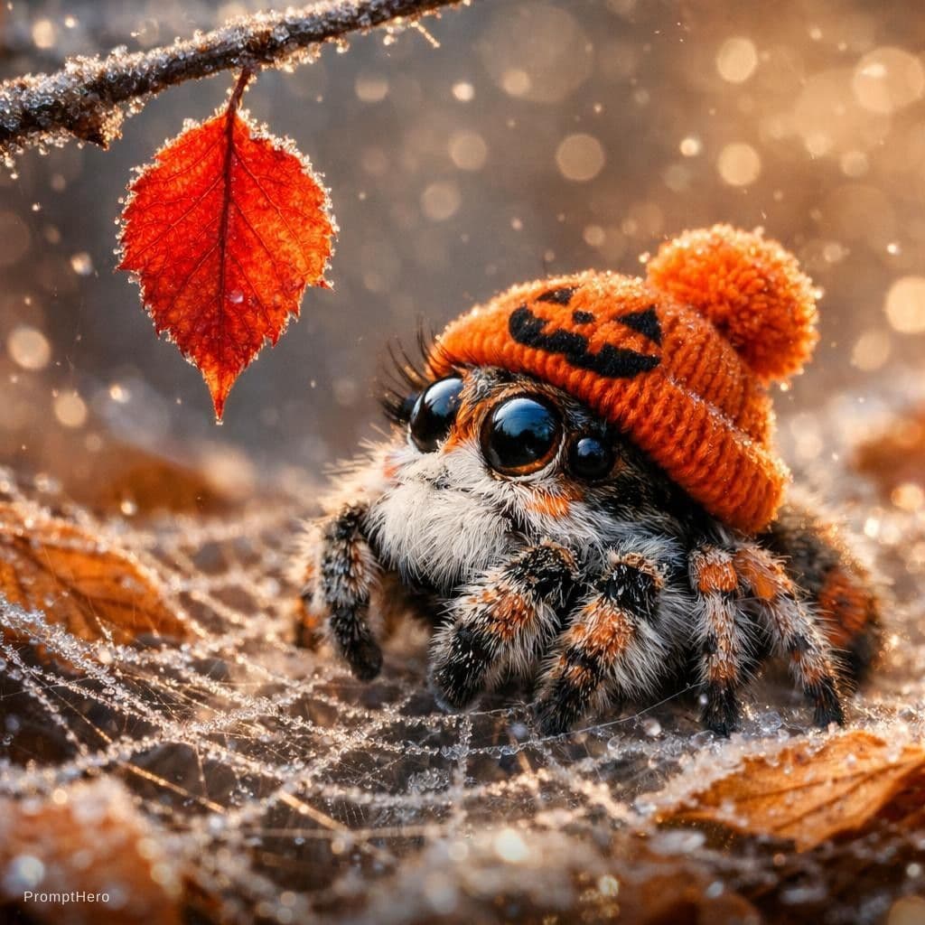 AI generated: fluffy little spider in a knitted hat with a pompom, sitting and looking up at a single leaf hanging...