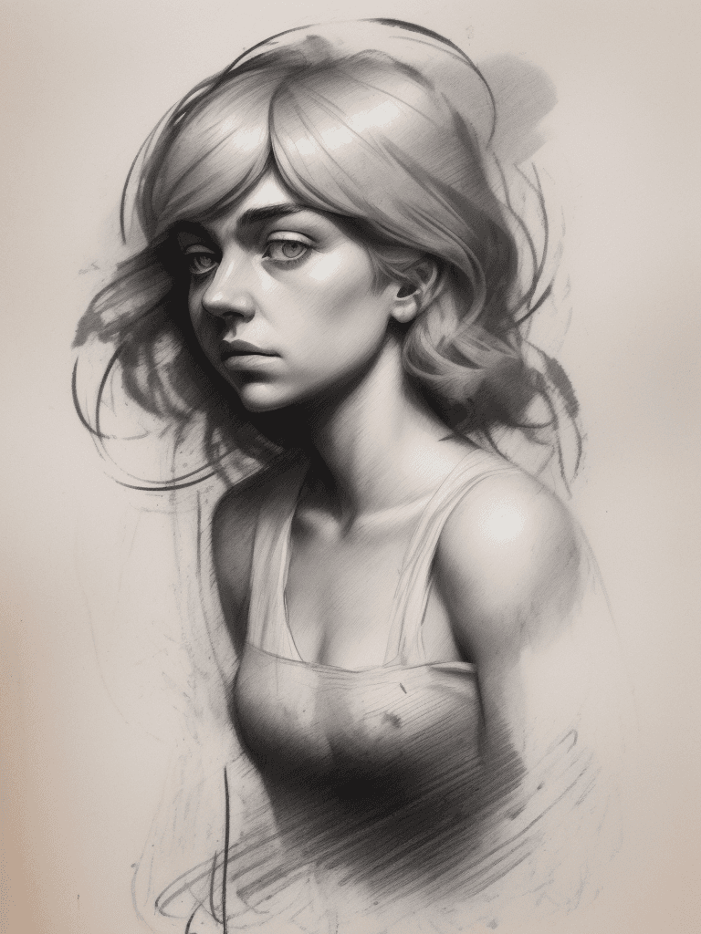 AI generated: Rough charcoal sketch on old paper, female portrait, (Imogen Poots), Pronounced ears, clean line art...