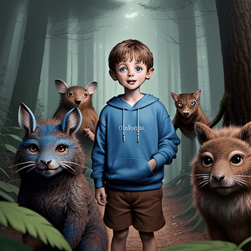 AI generated: 6-year-old Oliver in a blue sweatshirt and brown shorts discovers a group of friendly forest creatur...