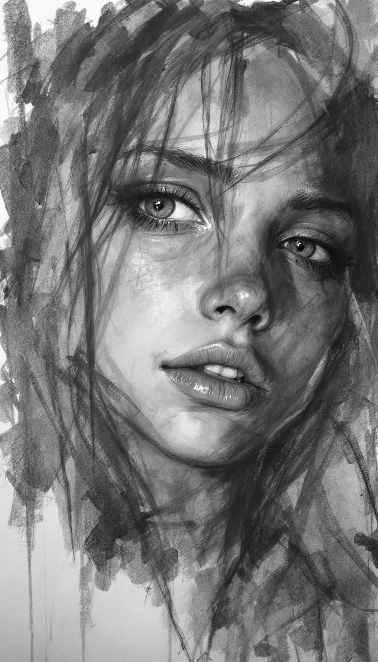 AI generated: girl, charcoal sketch, sad, depressing