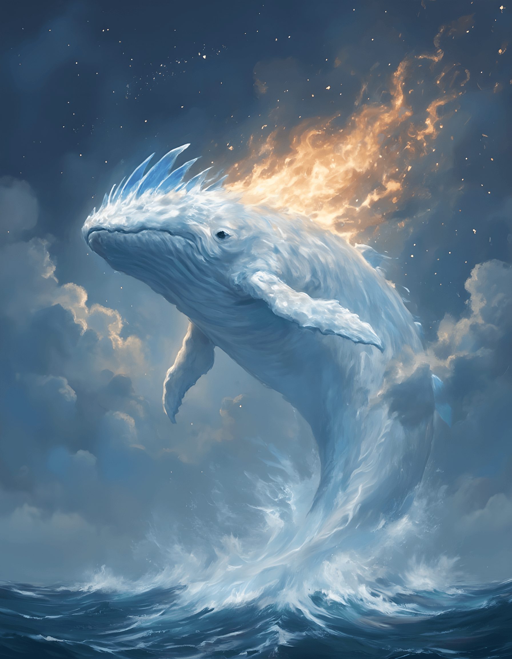AI generated: A colossal, white whale-like creature with blue fins emerges from the ocean, surrounded by golden fl...