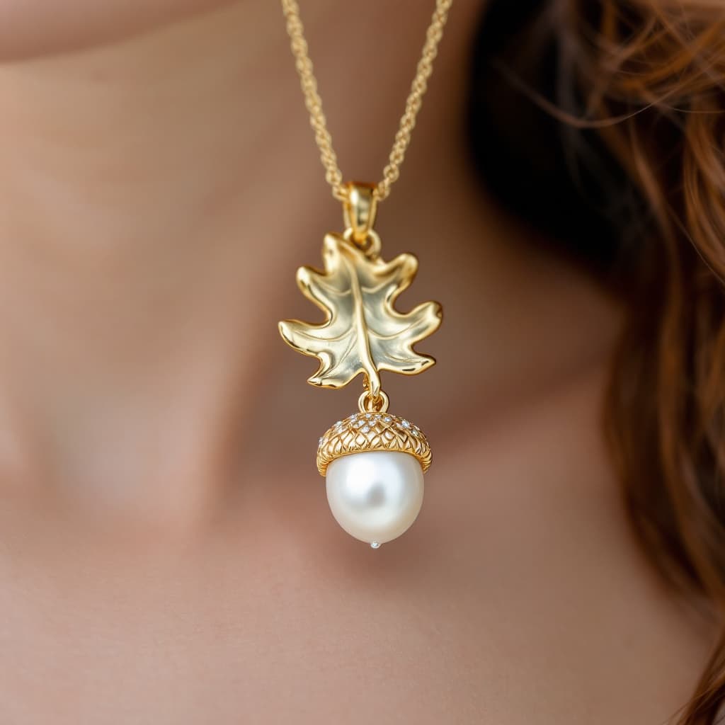 AI generated: an oak leaf and a pearl acorn pendant, made in silver and gold