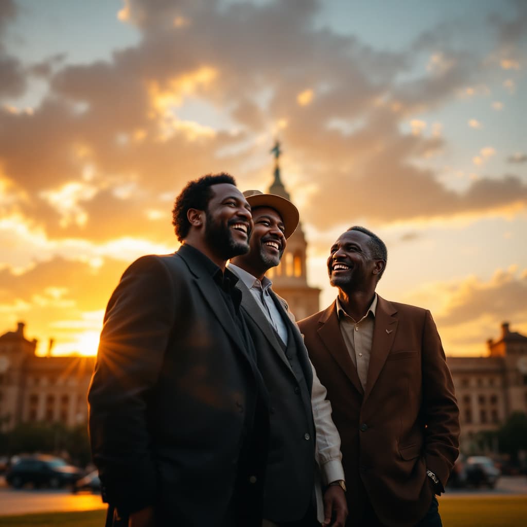 AI generated: Generate an image of Steve Biko, Solomon Mahlangu
 and Chris Hani, standing together in front of the...