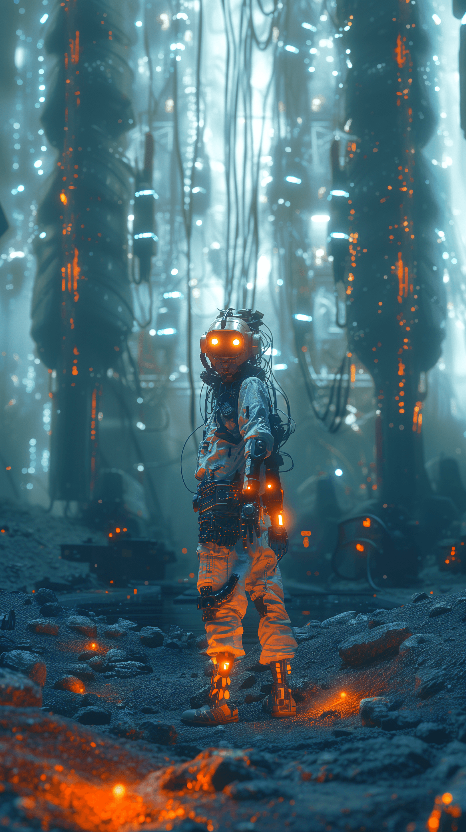 AI generated: rendering, front shot, eye level, full-body, strange body with complex system equipment with hyper d...
