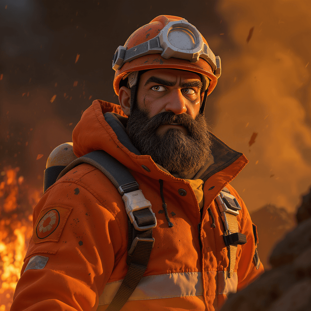 AI generated: A male search and rescue worker in orange gear with a helmet, rugged but kind face, visible dirt and...