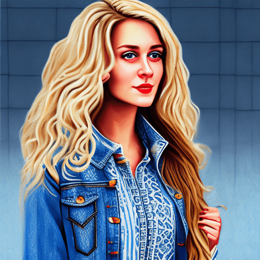 AI generated: 25-year-old Russian woman dressed in a long denim jacket, long patterned dress, wavy blonde hair, no...
