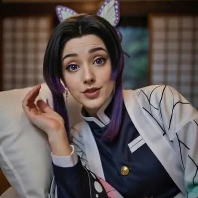 AI generated video: "POV em primeira pessoa: forte e bonita shinobu kocho de demon slayer carrega uma missão em seu cora...