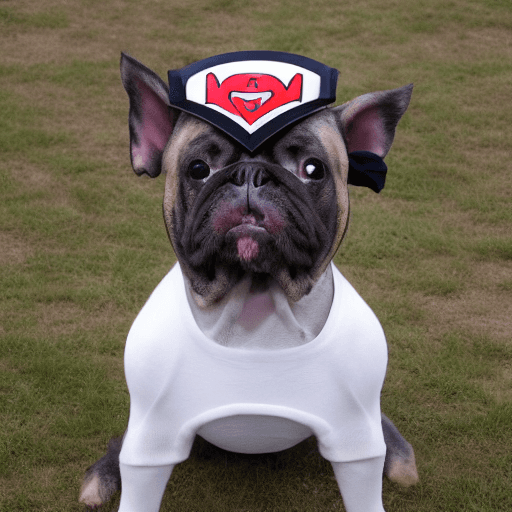 AI generated: High resolution bull dog  Predominantly grey with a white diamond patch on top of head wearing a sup...