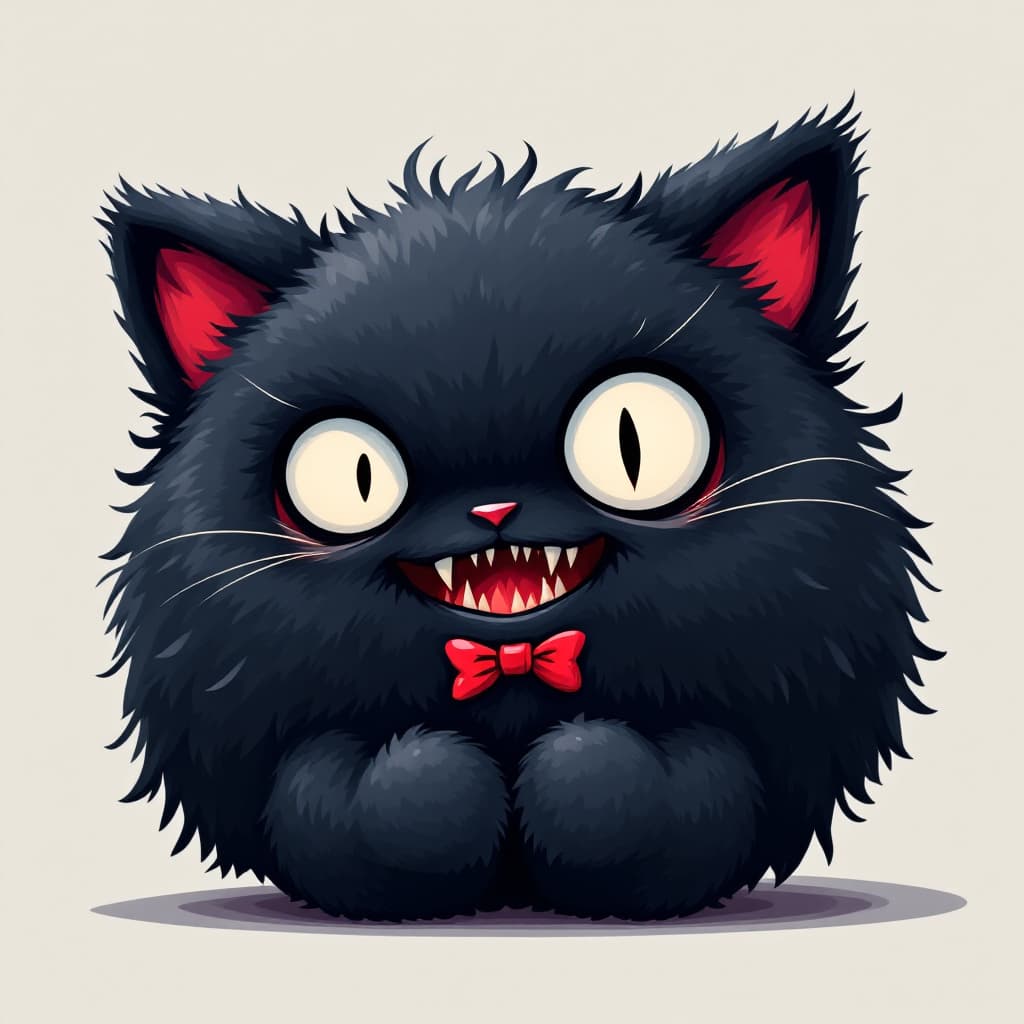 AI generated: Cute but cursed chibi monster concept, round black fluffy cat-like creature, tiny red bowtie, innoce...