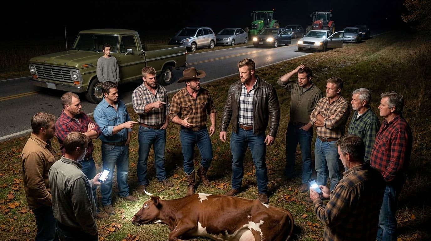 AI generated: In an Autumn night. The vintage olive green Ford pick up truck is parked between the other cars. All...