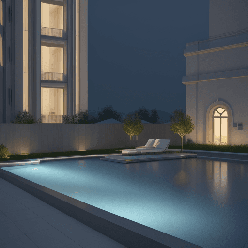 AI generated: please create a Modern pool and landscapes with 3d max that luxury and above tower have light