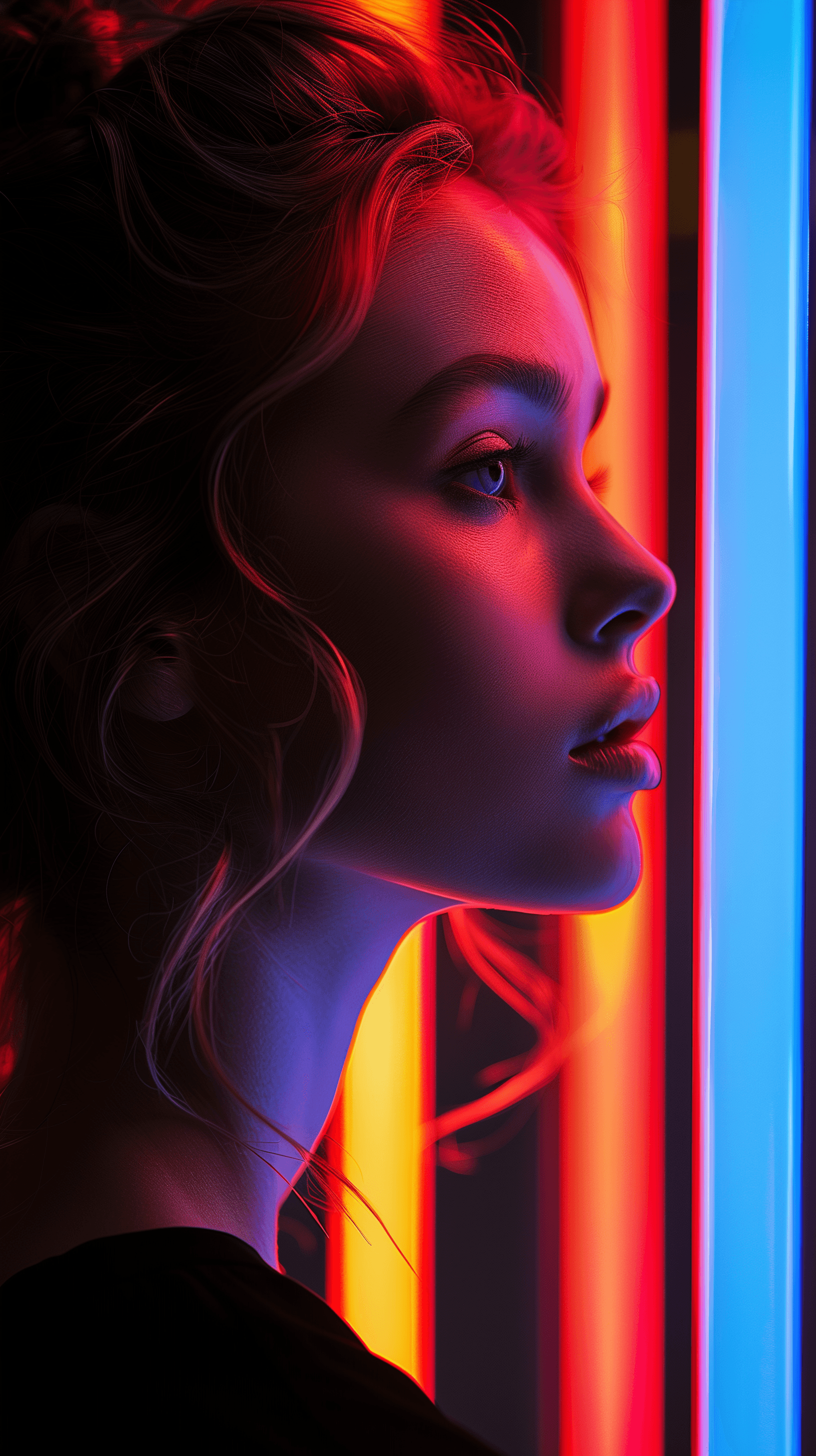 AI generated: photography, portrait that harnesses the visual of contrast, woman model profile silhouette of a vib...