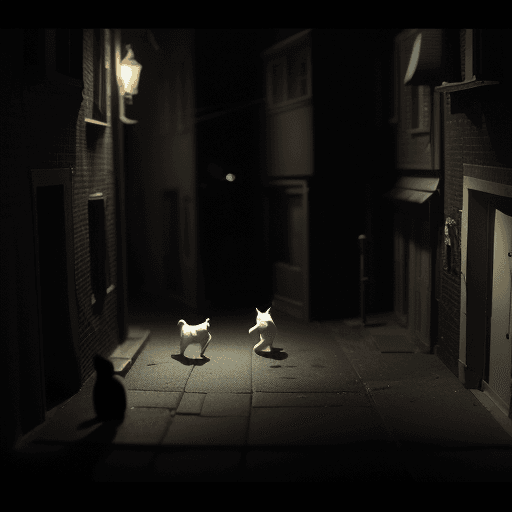AI generated: A paper diorama, small stage, curtains, stage lights, a night street scene with a dark alleyway on o...