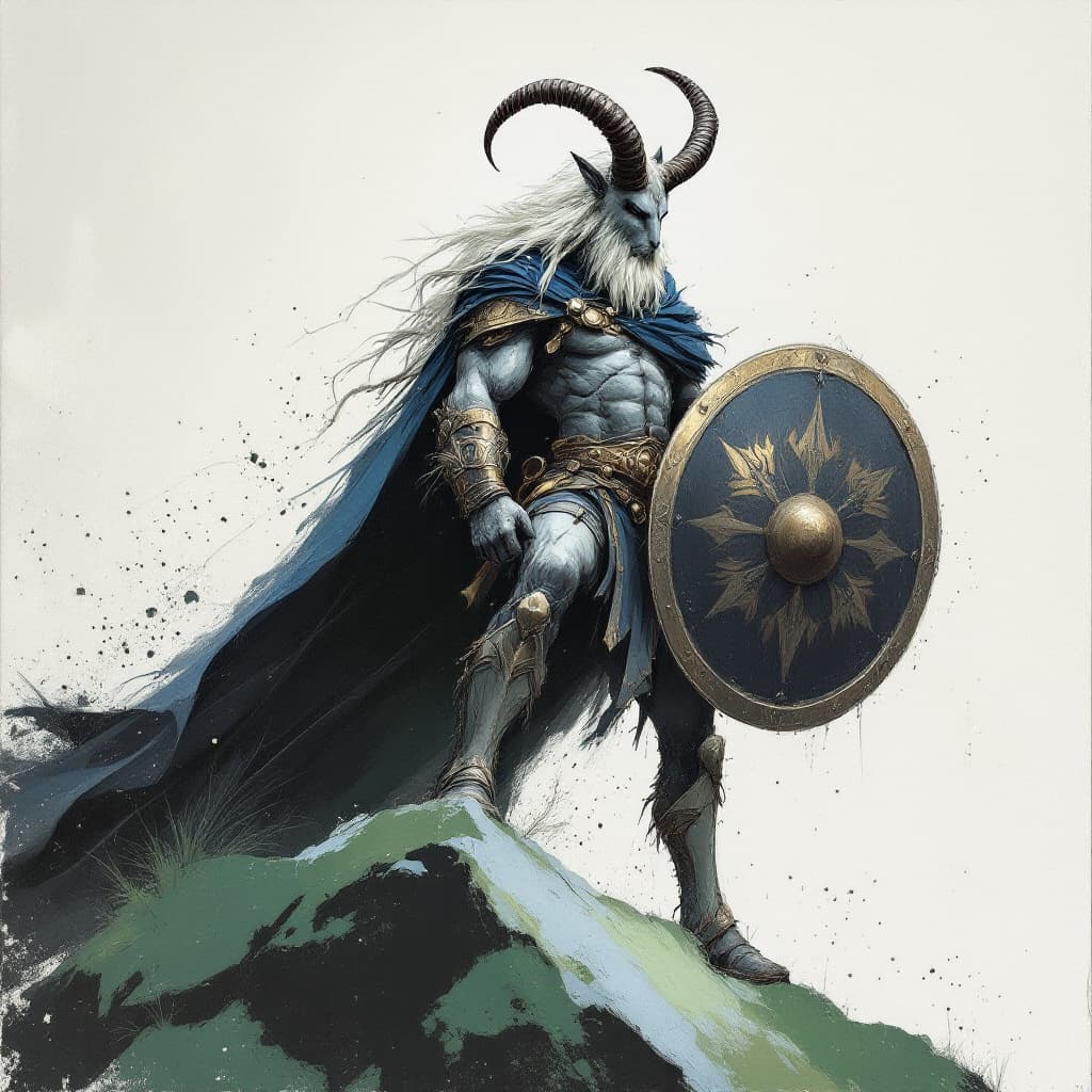 AI generated: a drawing of a centaur with shield and cloak, in the style of adventure pulp, dark white and bronze,...