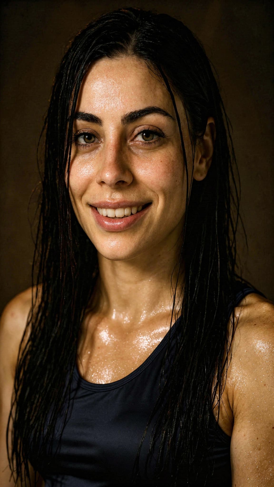 AI generated: Sharpen the attached image, add realistic skin texture, Armenian woman with black hair, brown eyes, ...