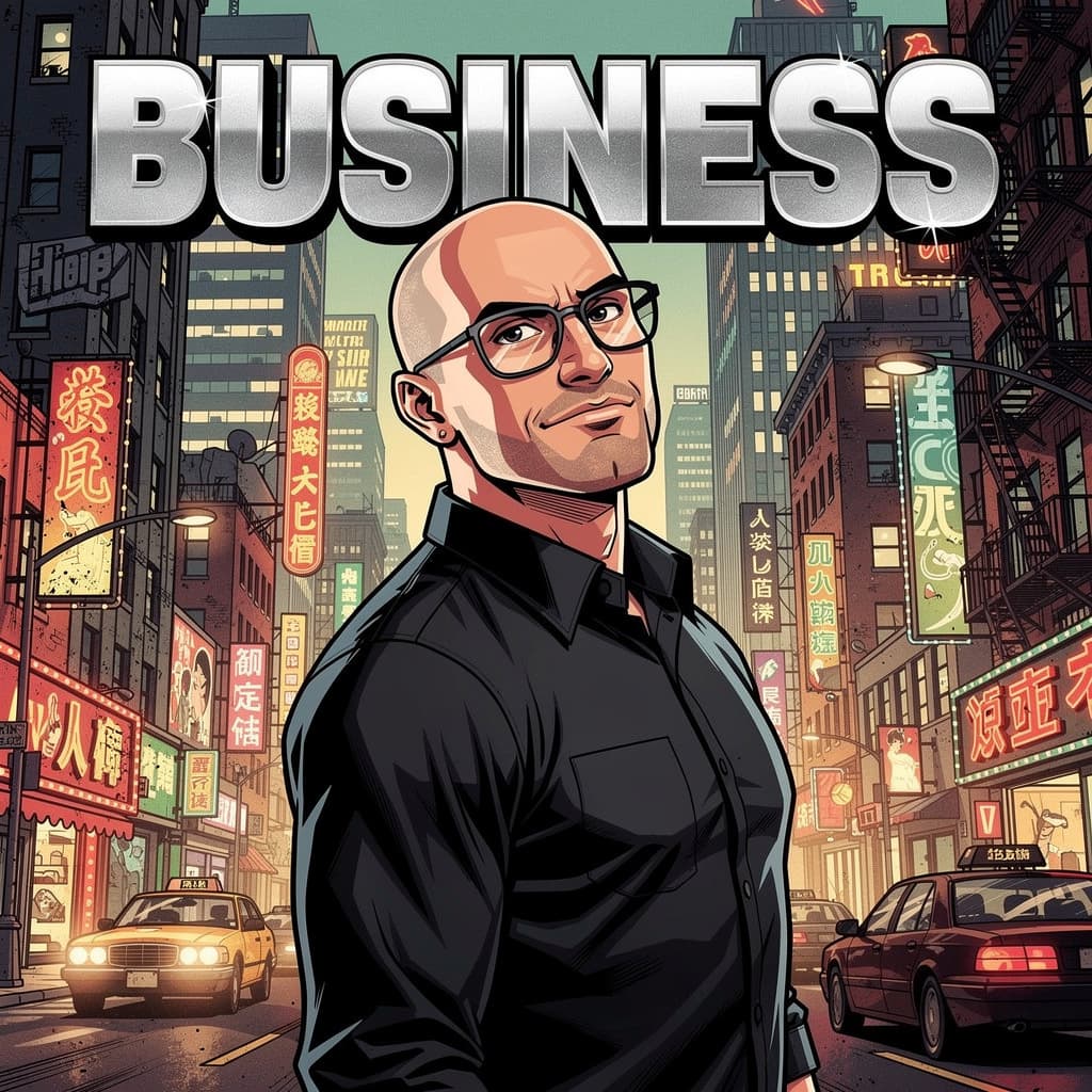 AI generated: Cartoon illustration, comic book cover featuring a handsome Caucasian bald man, clean face, clean sh...