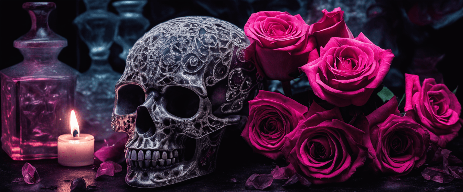 AI generated: Photograph of A crystal skull surrounds by Roses, lit by candlelight, (gloomy illumination, insane, ...