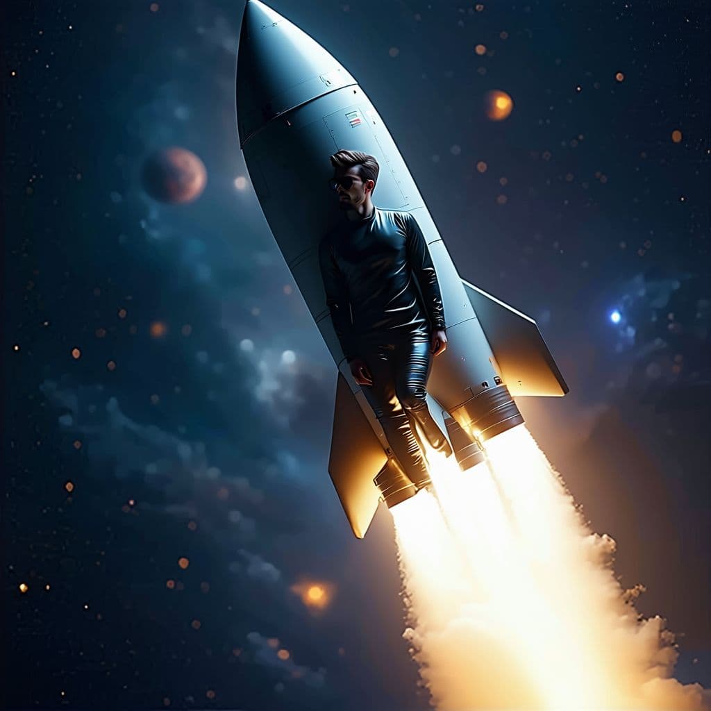 AI generated: A man in a rocket, wearing black dress, flying to space, 4k, high resolution, night light view