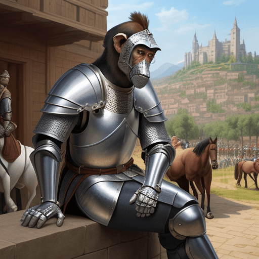 AI generated: hyperrealistic knight monkey in the middle age, he is sittin, in the background horses and knights a...