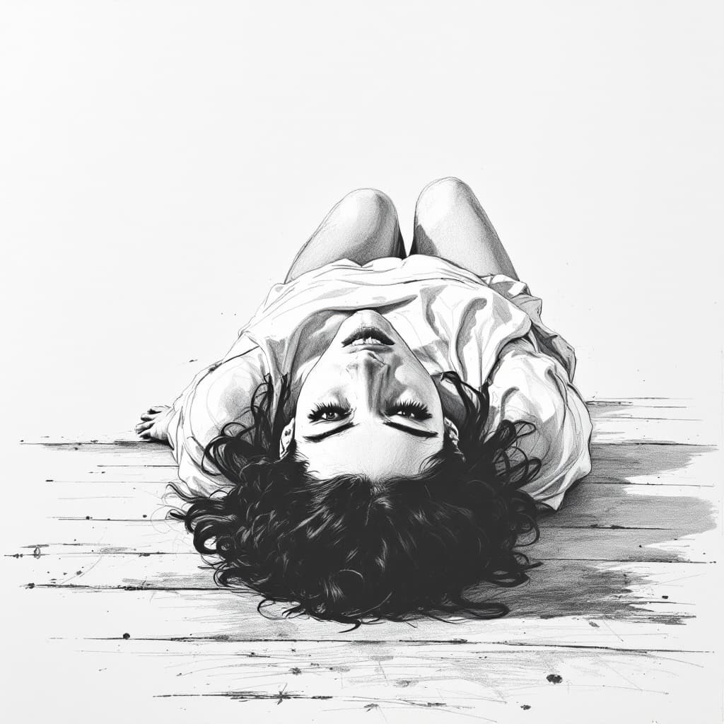 AI generated: a woman laying on the floor with her hands on the floor, drawing, sketch, pencil drawing, smudges