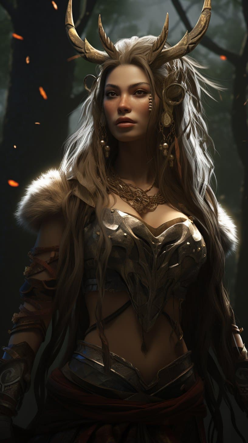 AI generated: druid female thorncrowned warrior, wearing divine law and divine holy clothing; character design; co...