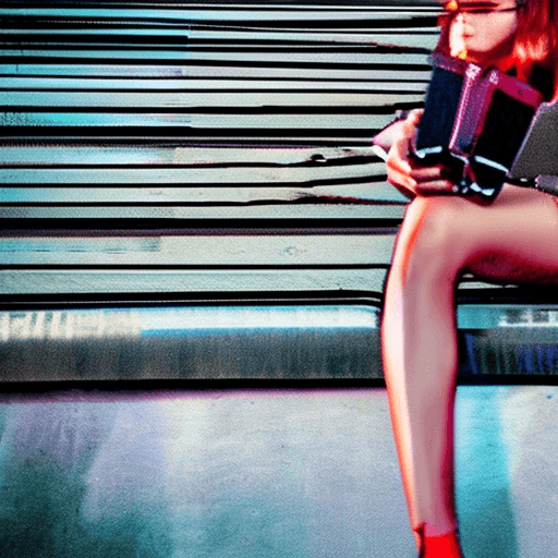 AI generated: female takes drugs on a roof and in the background is a destroyed cyberpunk world, there also a part...