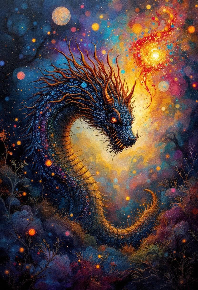 AI generated: classic oil painting style, eerie atmosphere. Full-length 3D HDR black light poster illustration, vi...