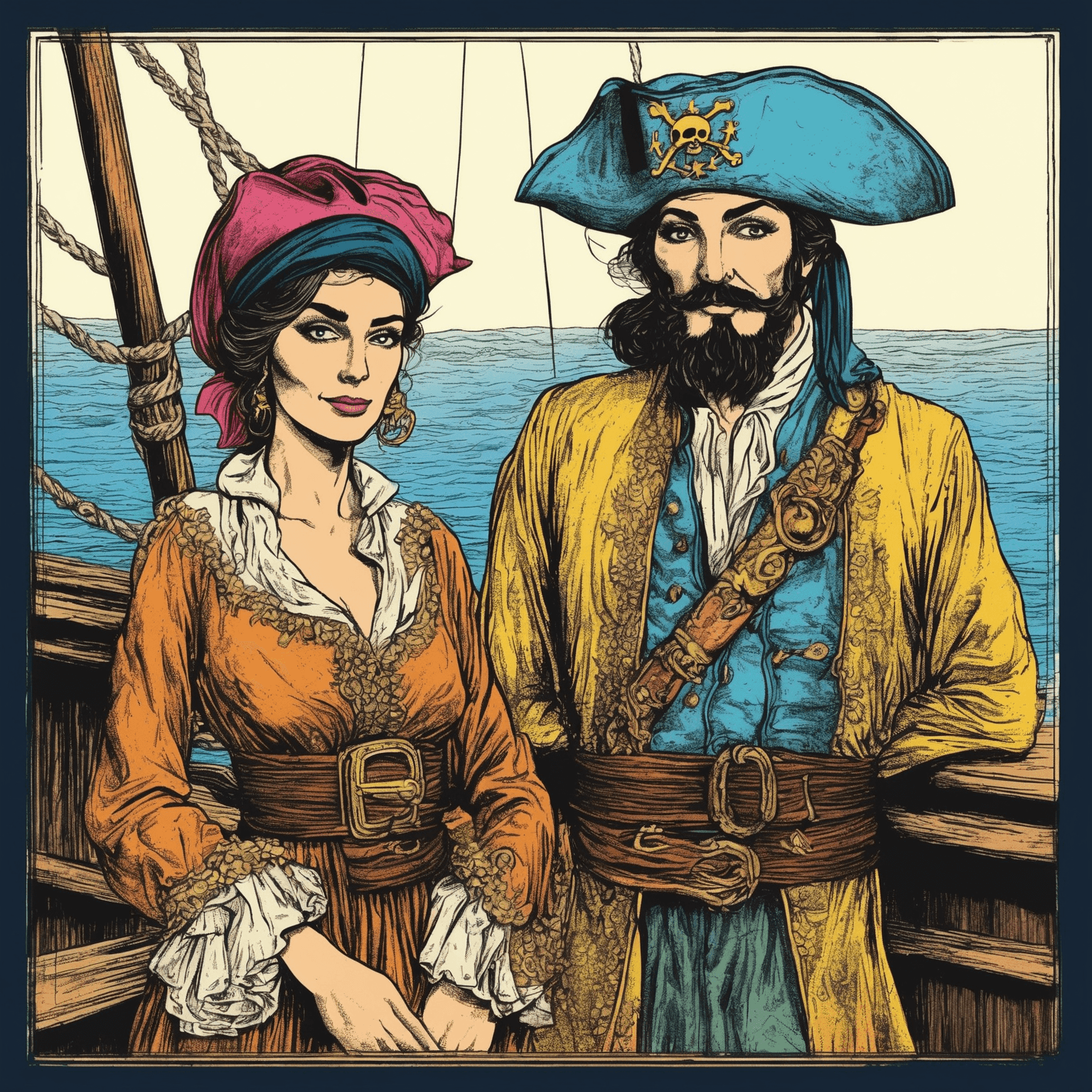 AI generated: portrait of a ottoman empire pirate's couple on a ship, comic book style art, 1960's comic book, gra...