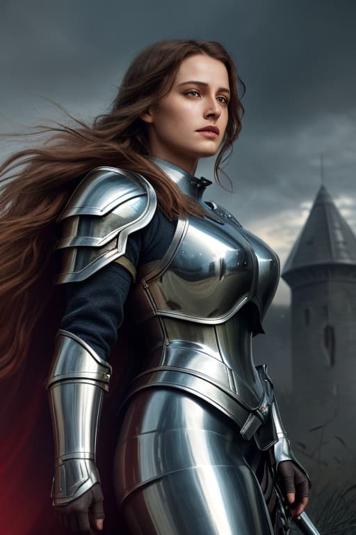 AI generated: A portrait of a young joan of arc, cinematic, log hair, shiny metallic polished armor, deep intense ...