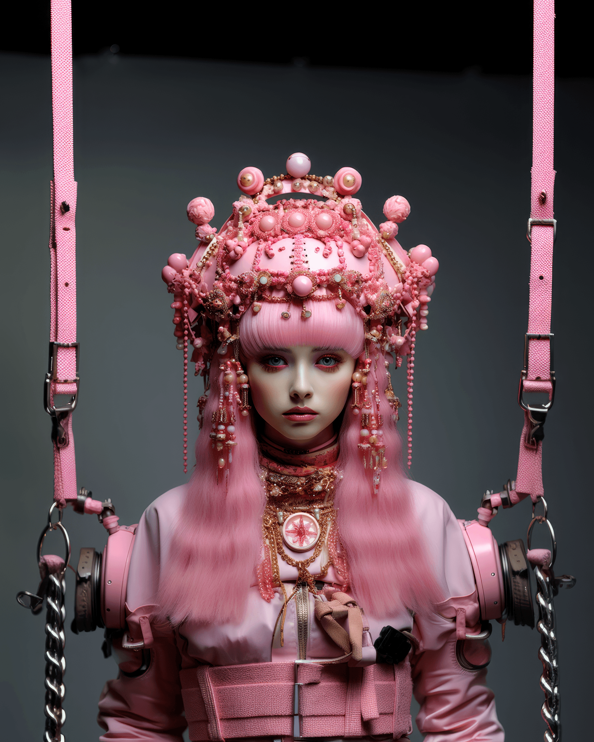 AI generated: a person in a metal suit with a chain, in the style of gum bichromate, camilla d'errico, light bronz...