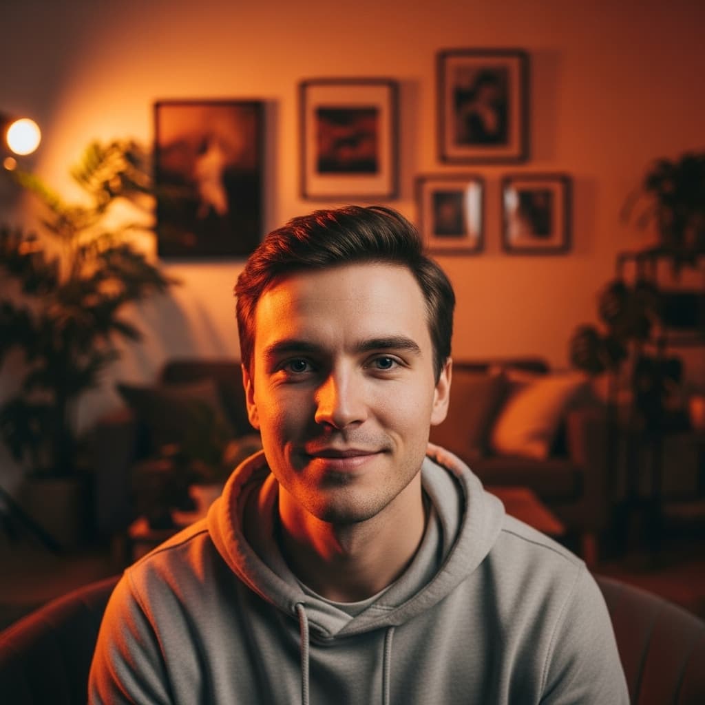 AI generated: hotorealistic cinematic portrait of a young man sitting indoors, centered composition, looking direc...