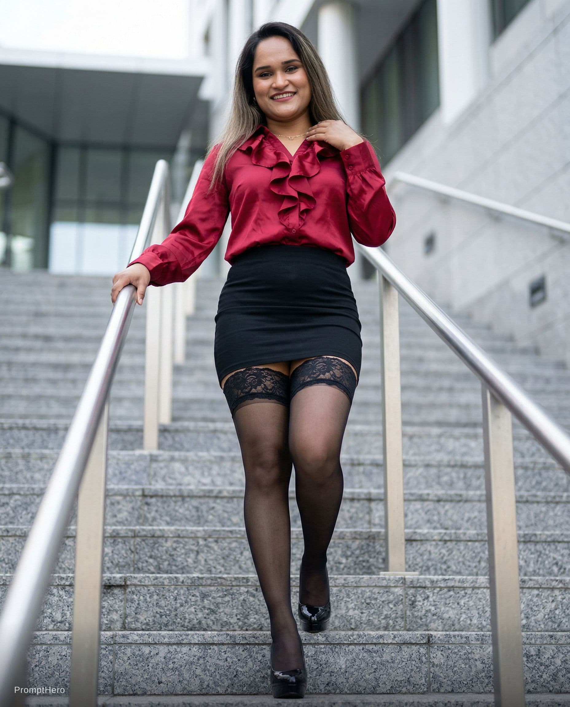AI generated: A highly detailed, photorealistic, cinematic woman posing on a modern outdoor staircase. Shot Angle ...