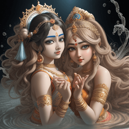 AI generated: attractive Radha and Krishna with her hair curled, in the style of samyang af 14mm f/2.8 rf, oshare ...