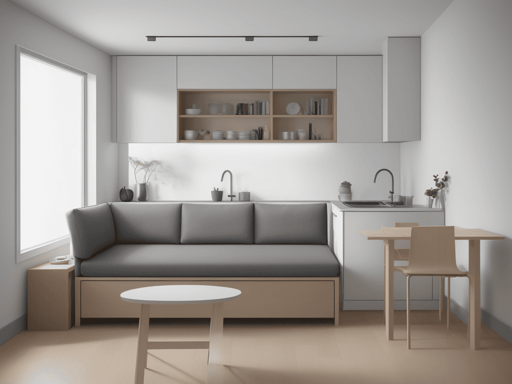 AI generated: A compact interior featuring multifunctional furniture such as a sofa bed and an extendable dining t...