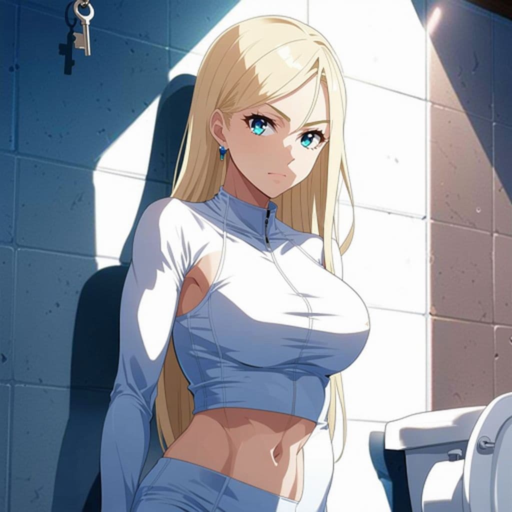 AI generated: anime woman 25 years old, blonde, white skin, long hair and blue eyes, she is wearing tight sportswe...