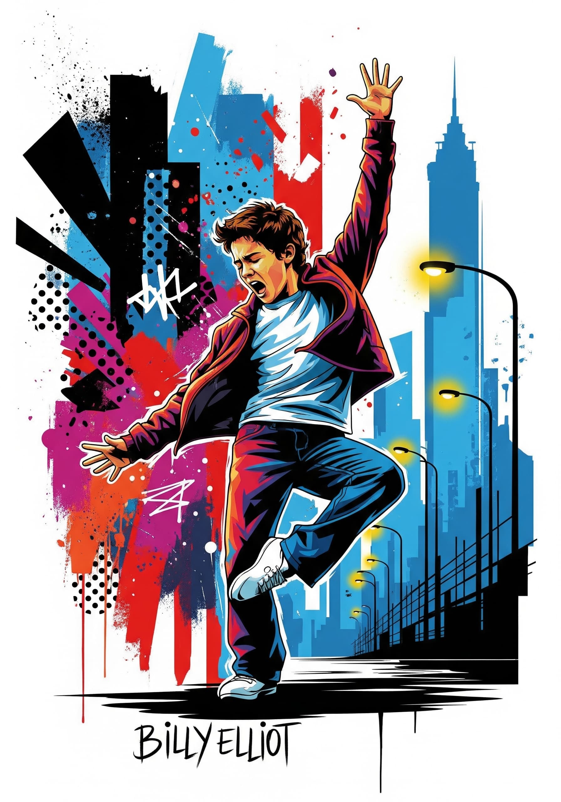 AI generated: A digital art piece in a vibrant graphic and street art style, depicting a youth passionately dancin...