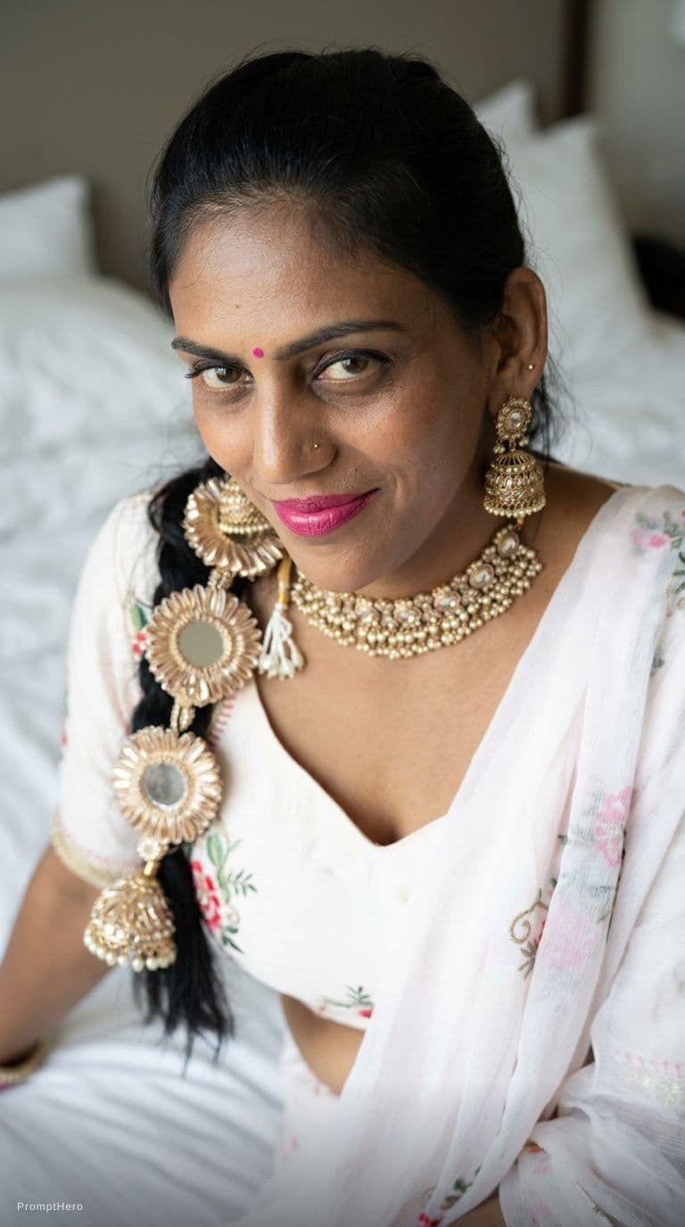 AI generated: Sitting on a bed teasing, same uploaded hairstyle, wearing same décolleté saree dress but cropped, l...