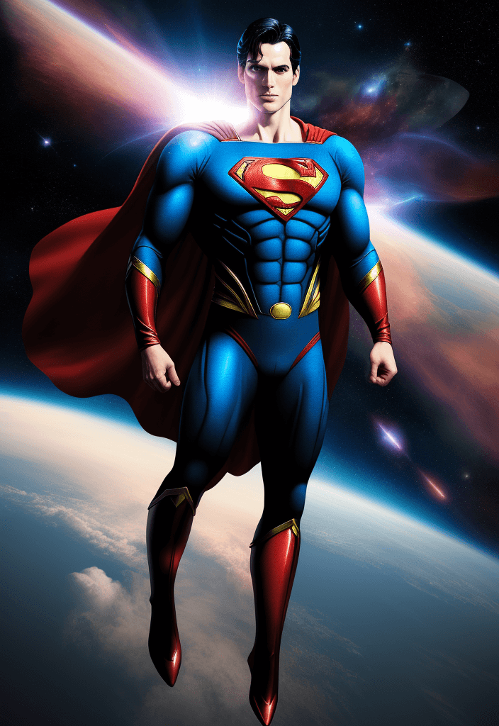 AI generated: Superman in space , realistic, dramatic light, full body 