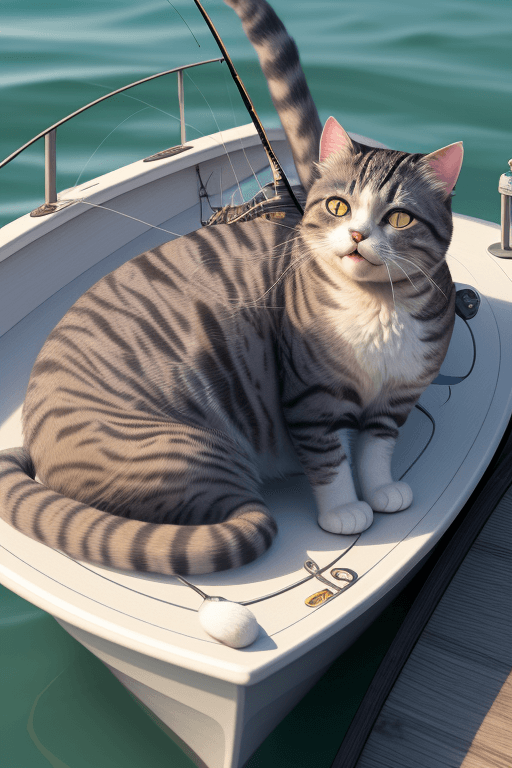 AI generated: cat is fishing on boat, acting like human, photorealistic, high details, masterpeace, 4k --v 5.2 --a...