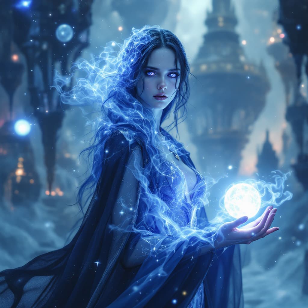 AI generated: Ultra-photorealistic cinematic portrait of Eva Green as Noctis, the Warden of Dreams. Her skin is li...